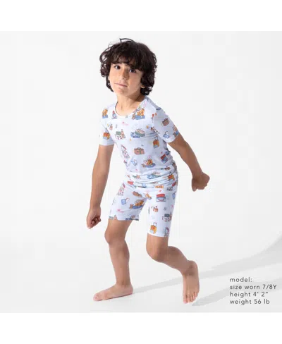 Bellabu Bear Vintage Suitcases Kids 2-piece Short Sleeve & Shorts Pajama Set In Blue