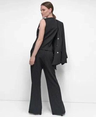 Dkny Womens Pinstriped Crewneck Button Front Vest High Rise Flare Leg Pants In Blue
