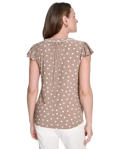 Tommy Hilfiger Women's Dot-print Split-neck Flutter-sleeve Top In Neutral