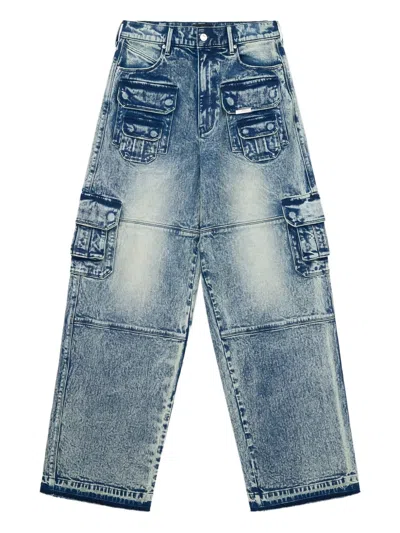 Rta Acid-wash Cargo Jeans In Blue