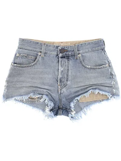 Balenciaga Denim Shorts With Belt Loops And Distressed Detailing In Blue