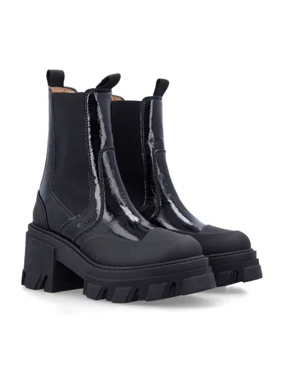 Ganni Patent-leather Platform Chelsea Boots In Black