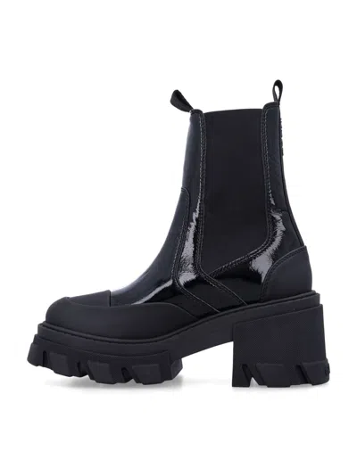 Ganni Patent-leather Platform Chelsea Boots In Black