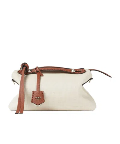 Fendi Brown Leather And Beige Canvas Bag