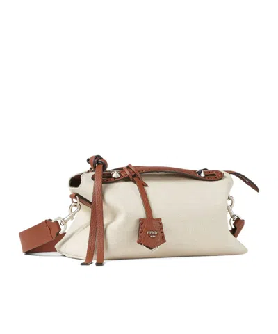 Fendi Brown Leather And Beige Canvas Bag