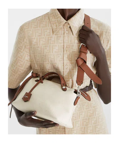 Fendi Brown Leather And Beige Canvas Bag