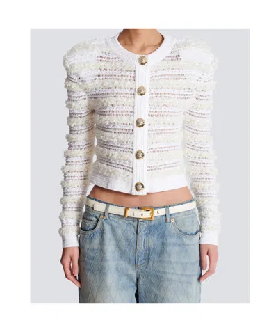 Balmain Long-sleeved Tweed-effect Knit Cardigan In Multi