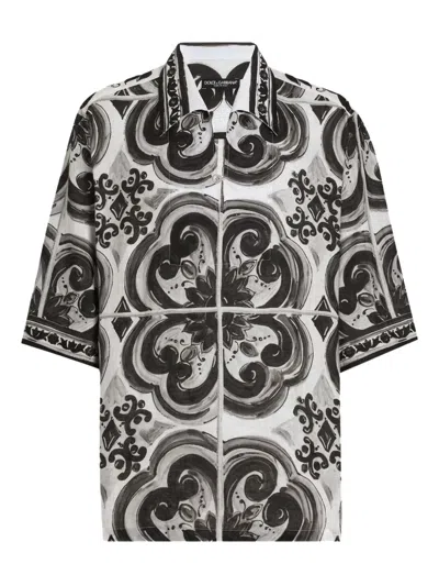 Dolce & Gabbana Camicia Hawaii In Lino Stampa Maiolica In Black