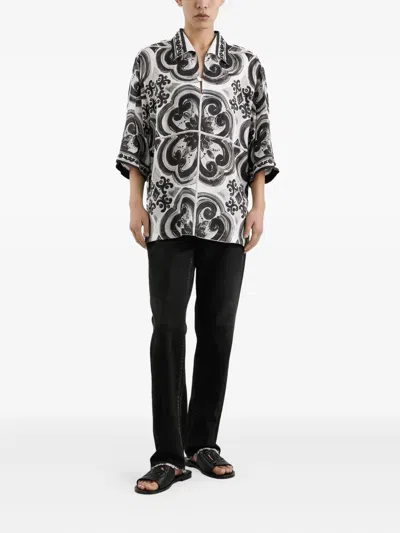 Dolce & Gabbana Camicia Hawaii In Lino Stampa Maiolica In Black