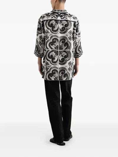 Dolce & Gabbana Camicia Hawaii In Lino Stampa Maiolica In Black