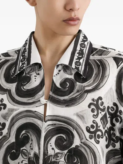 Dolce & Gabbana Camicia Hawaii In Lino Stampa Maiolica In Black