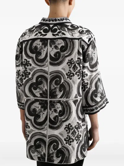 Dolce & Gabbana Camicia Hawaii In Lino Stampa Maiolica In Black