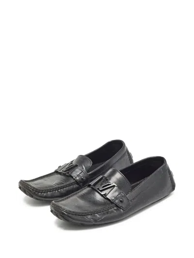 Pre-owned Louis Vuitton Leather Logo-buckle Loafers In Black
