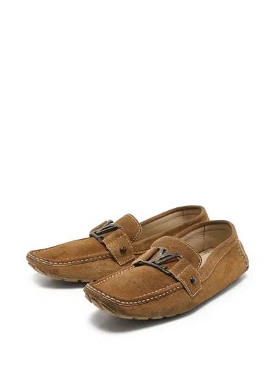 Pre-owned Louis Vuitton Lv-buckle Suede Loafers In Brown