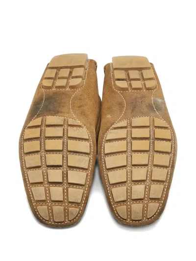 Pre-owned Louis Vuitton Lv-buckle Suede Loafers In Brown
