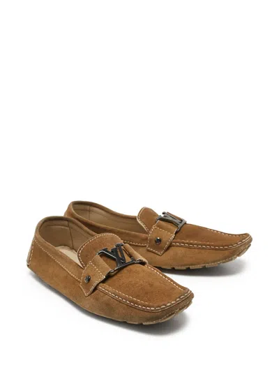 Pre-owned Louis Vuitton Lv-buckle Suede Loafers In Brown