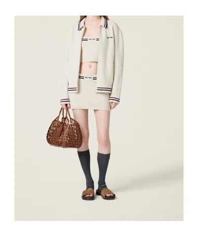 Miu Miu Cotton Crochet Color F7 Long Sleeve Zip Up Cardigan In Neutral