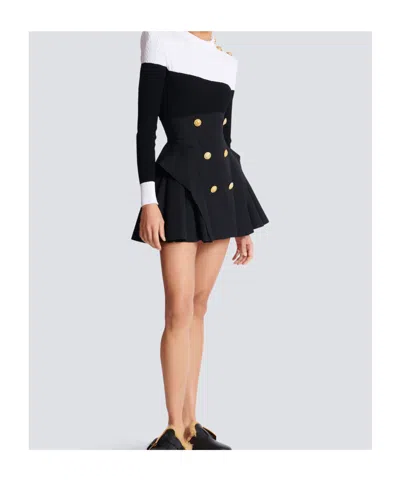 Balmain Button-embellished Pleated Grain De Poudre Wool Mini Skirt In Black