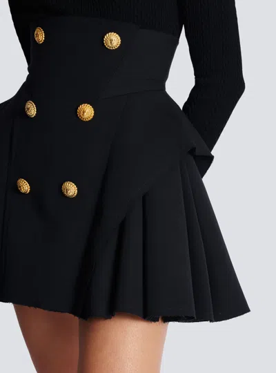 Balmain Button-embellished Pleated Grain De Poudre Wool Mini Skirt In Black