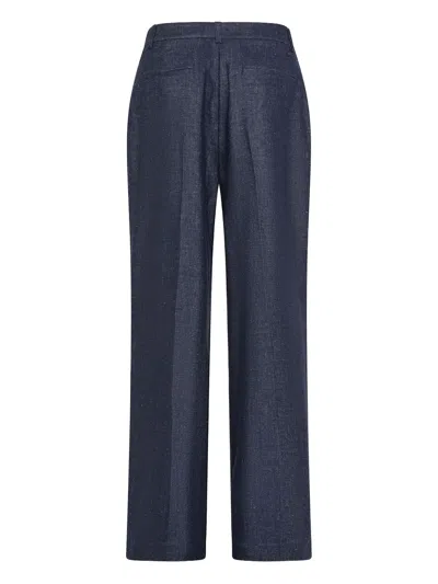 Seventy Long Double Pleated Trousers In Stretch Linen Blend Denim In Blue