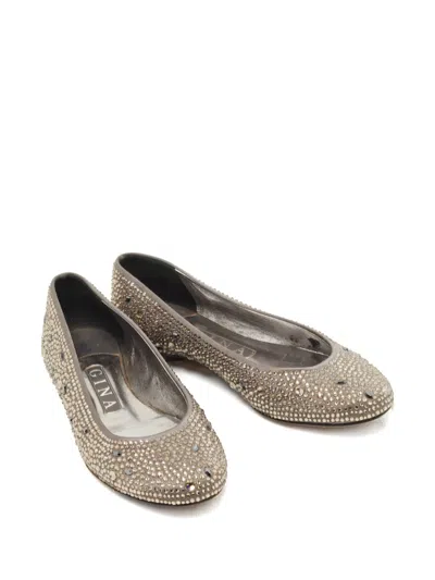 Pre-owned Gina Crystal-embellishment Ballet Flats In Gray