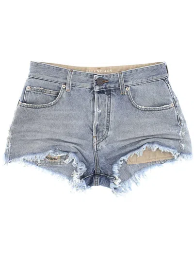Balenciaga Denim Shorts With Belt Loops And Distressed Detailing In Blue