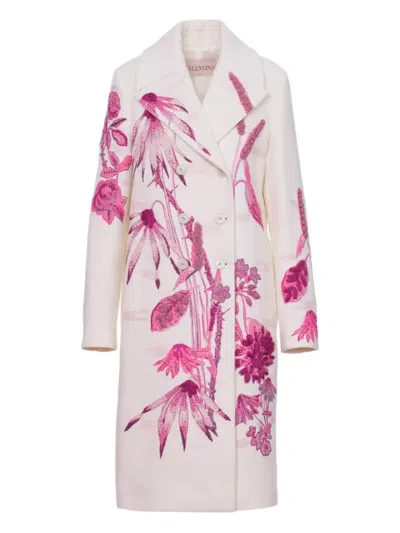Valentino Floral-embroidered Double-breasted Coat In Neutral