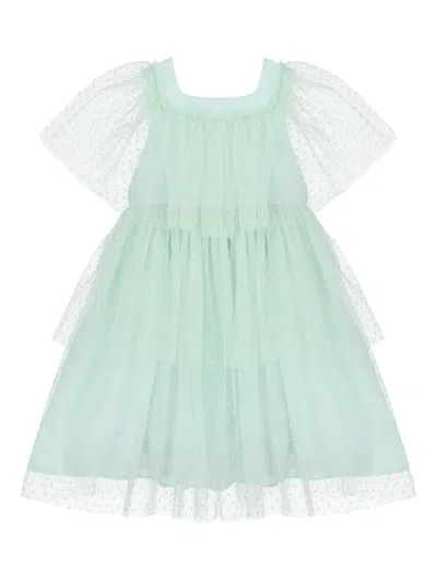 Patachou Dotted-tulle Tiered Dress In Green