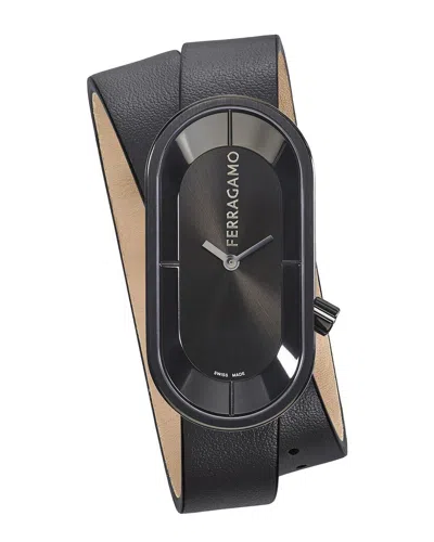 Ferragamo Oval Black Leather Strap Watch With Sunray Dial In Black