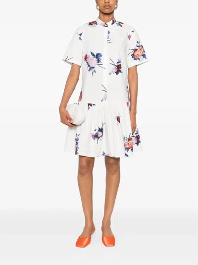 Erdem Tiered Floral-print Cotton-poplin Mini Shirt Dress In White