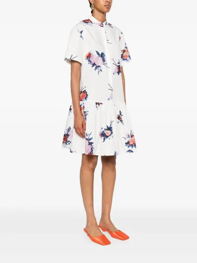 Erdem Tiered Floral-print Cotton-poplin Mini Shirt Dress In White