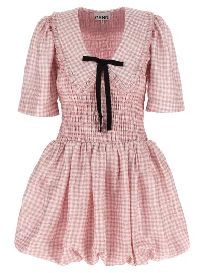 Ganni Vichy Check Shirred Mini Dress In Pink