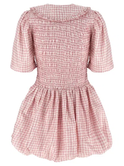 Ganni Vichy Check Shirred Mini Dress In Pink