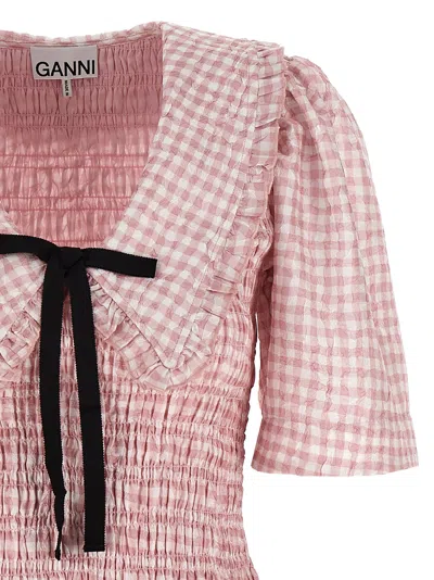 Ganni Vichy Check Shirred Mini Dress In Pink