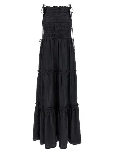Ganni 'tie Drawstring Smocked Tiered Sleeveless Skirt' In Black