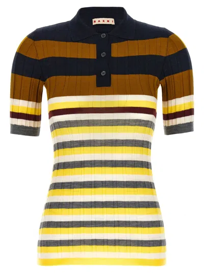 Marni Ribbed Texture Wool Polo Shirt In Multi