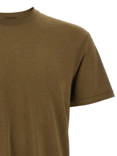 Tom Ford Military Green Crewneck T-shirt With Tf Embroidery In Lyocell And Cotton Blend Man