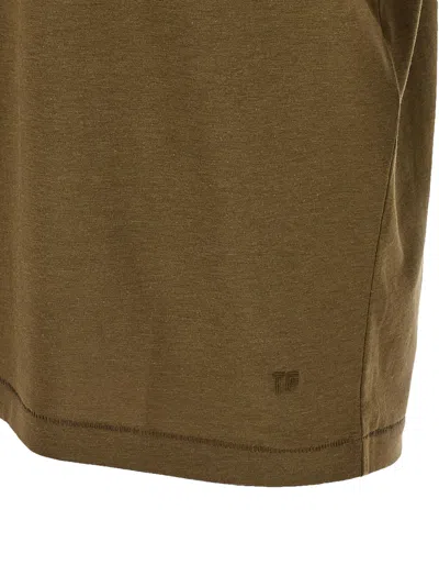 Tom Ford Military Green Crewneck T-shirt With Tf Embroidery In Lyocell And Cotton Blend Man