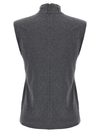 Brunello Cucinelli Sequin High Neck Sleeveless Top With Vertical Stripes In Gray