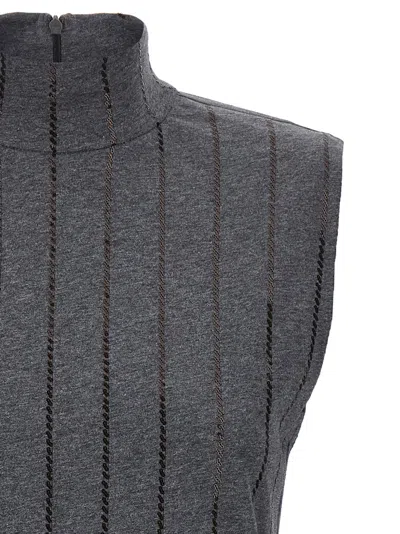 Brunello Cucinelli Sequin High Neck Sleeveless Top With Vertical Stripes In Gray