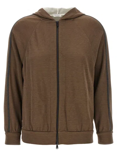 Brunello Cucinelli Brown Sweatshirt With Fixed Hood And Monil Detail On The Sleeve In Cotton Blend W