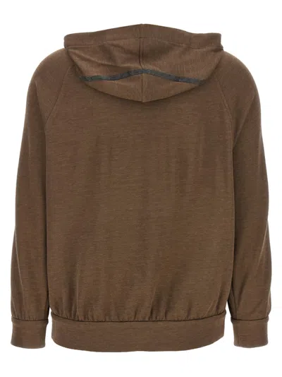 Brunello Cucinelli Brown Sweatshirt With Fixed Hood And Monil Detail On The Sleeve In Cotton Blend W
