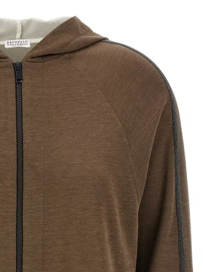 Brunello Cucinelli Brown Sweatshirt With Fixed Hood And Monil Detail On The Sleeve In Cotton Blend W