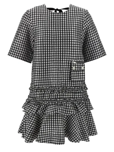 Ganni Black & White Crinkled Check Mini Dress