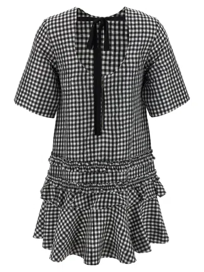 Ganni Black & White Crinkled Check Mini Dress