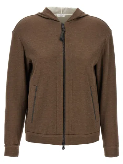 Brunello Cucinelli Brown Sweatshirt With Fixed Hood And Monil Detail On The Sleeve In Cotton Blend W