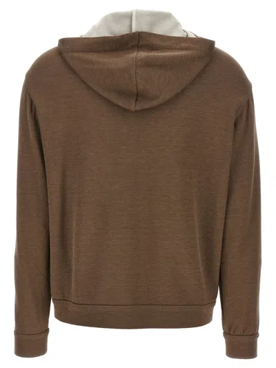 Brunello Cucinelli Brown Sweatshirt With Fixed Hood And Monil Detail On The Sleeve In Cotton Blend W