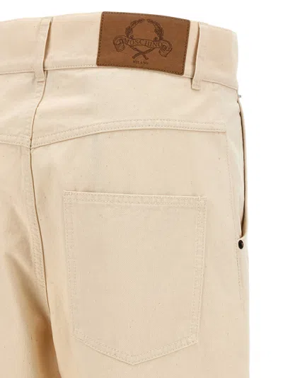 Moschino Ankle-length Cotton Gabardine Trousers With High Waist In Neutral