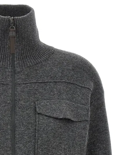 Brunello Cucinelli Shiny Zipper Pull Sweaters And Cardigans Gray