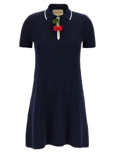 Valentino Crochet Cherry Short-sleeve Polo Mini Dress In Blue
